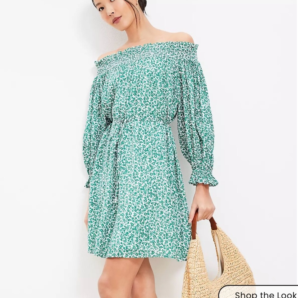 NWT  LOFT  Off-Shoulder Green & White Floral Dress - XS